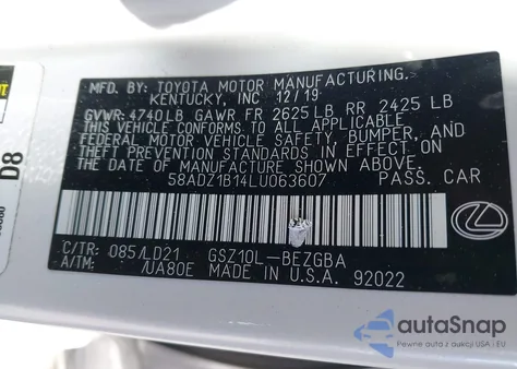 2020 Lexus Es 350 z USA, uszkodzony, nr VIN 58ADZ1B14LU063607